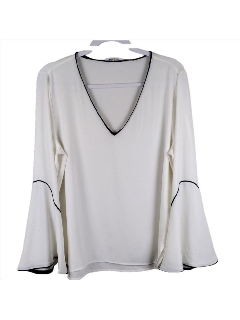 Calvin Klein White Black Trim V-Neck Long Bell Sleeves High Low Hem Pullover Top